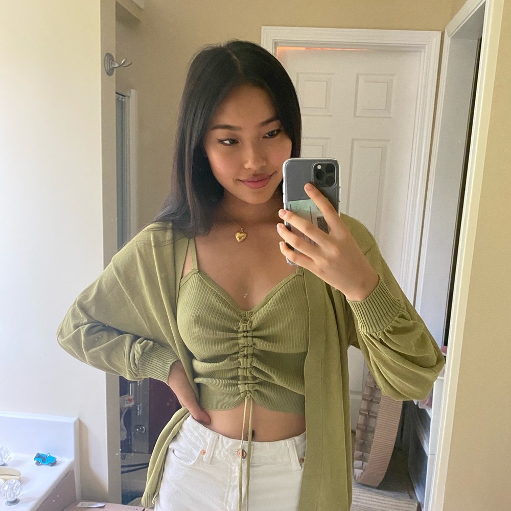 YESSTYLE Green Knit Cami & Cardigan Set